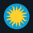 Blue circle with yellow sunburst design in center, radiating outward on a dark background.