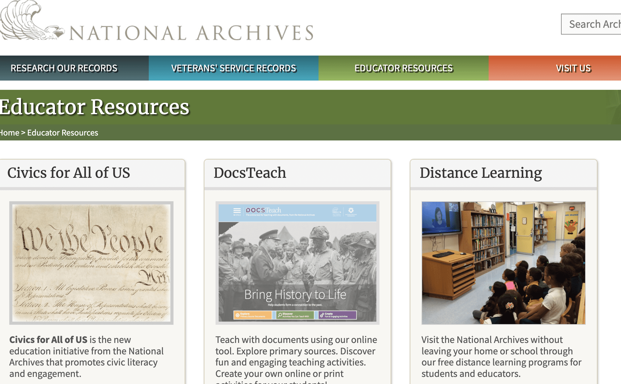 Civics for All of US, DocsTeach, Distance Learning programs.