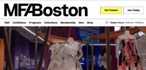 Museum entrance showing "MFA Boston" and exhibition mannequins in unique dresses.