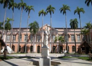 Elegant pastel-colored building with tall arched windows, palm trees, and a statue in a paved courtyard.