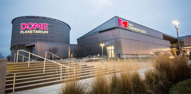 Peoria Riverfront Museum and Dome Planetarium with modern architecture and landscaped surroundings