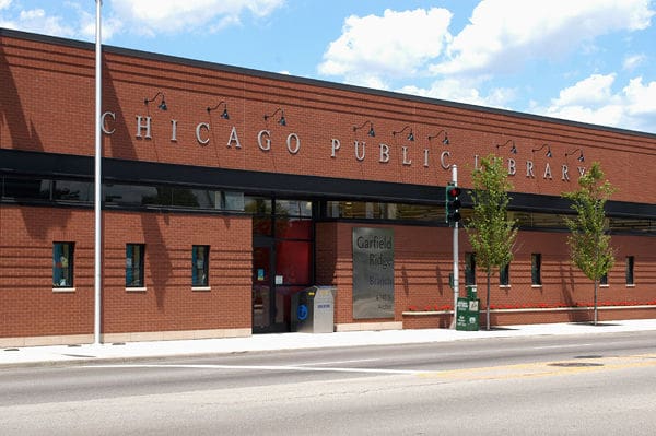 Chicago Public Library Garfield Ridge Branch, brick facade, central entrance, street view, clear day.