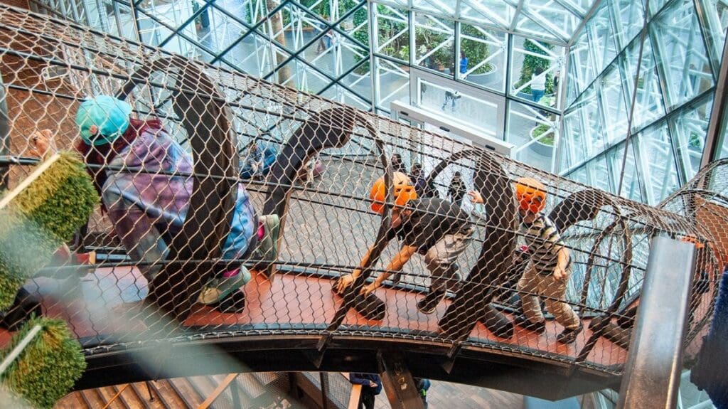 Children climbing through a netted tunnel in a modern, glass-ceiling indoor play area.