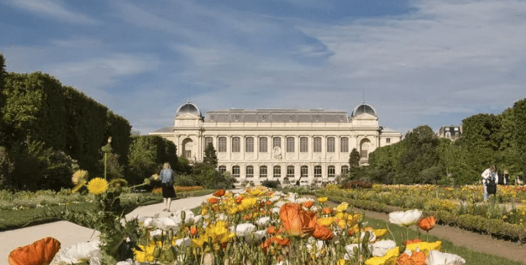 Grand classical building with domed towers, colorful garden, pathways, people, clear sky, green trees.