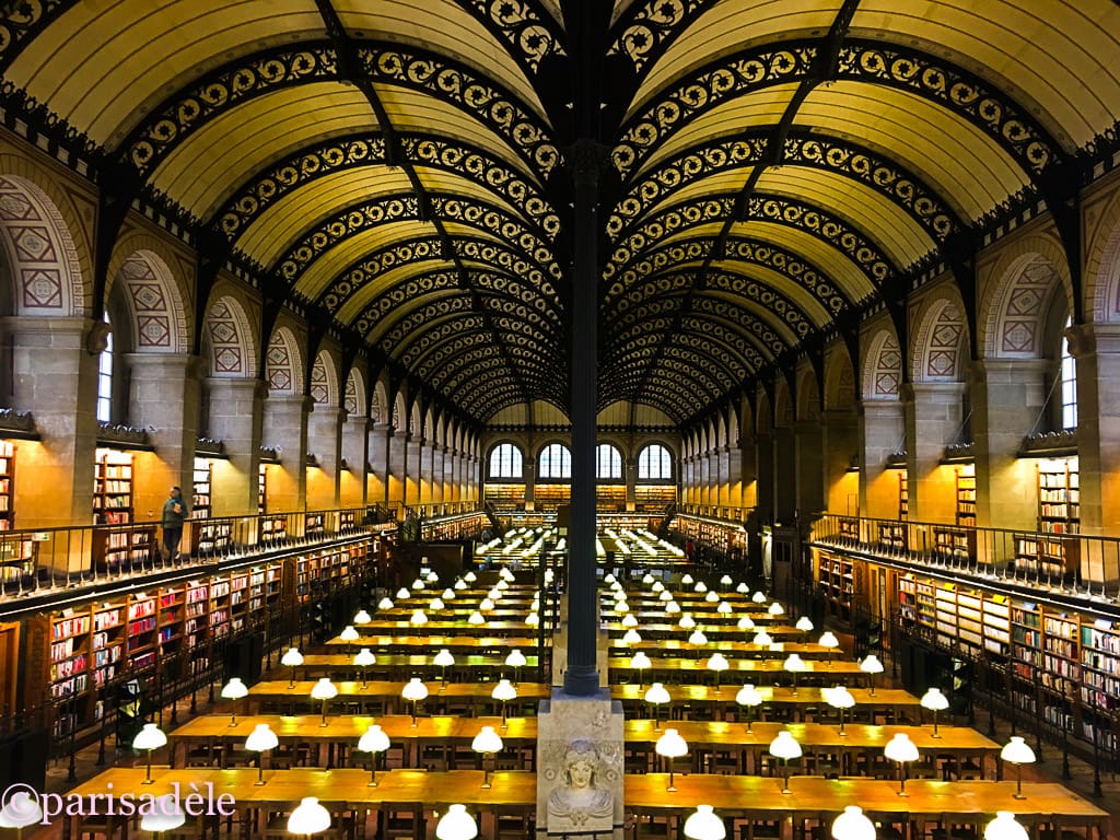 Grand library with ornate vaulted ceilings, arched windows, aligned bookshelves, and illuminated desks.