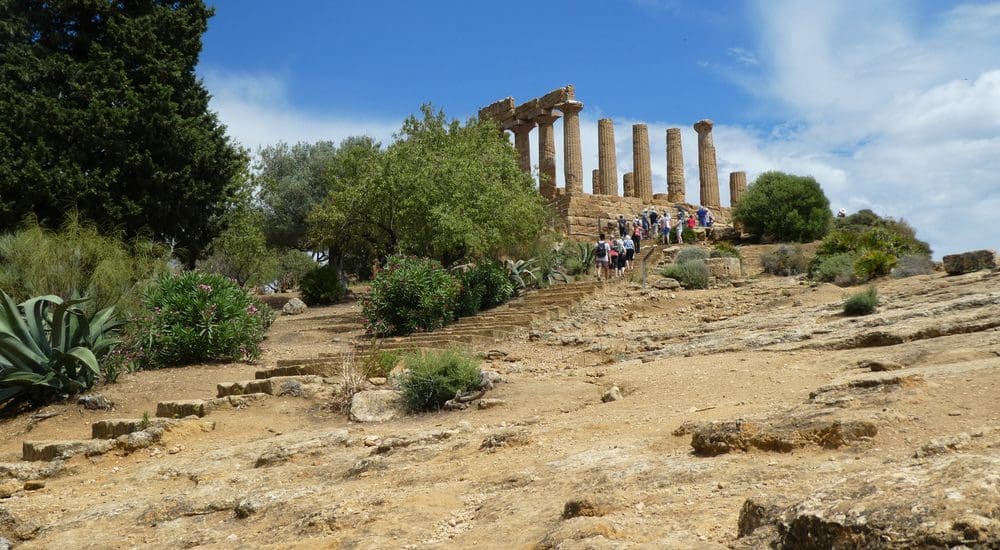 Group walking up a stone path to ancient columns, surrounded by greenery and a clear blue sky.