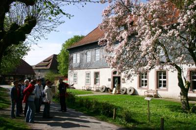 People gathered in front of a historic slate building with a lush lawn and blooming cherry trees.