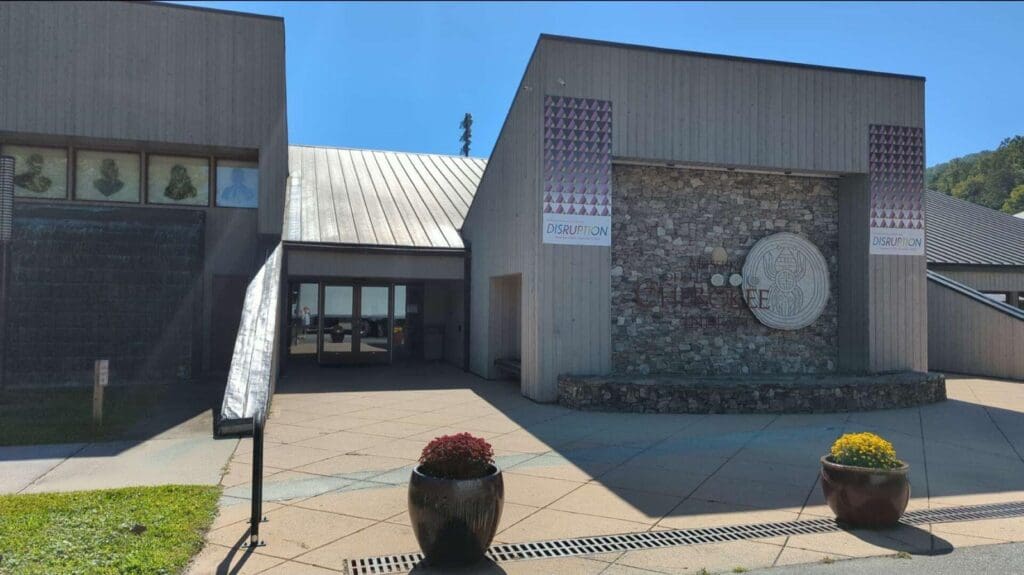 Modern building with a stone facade, metal roof, "DISRUPTION" banners, emblem, and potted plants.