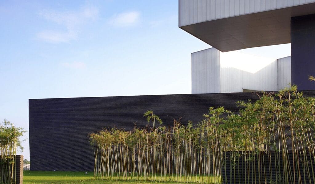 Modern black and white building with tall plants on a green lawn and clear sky above.