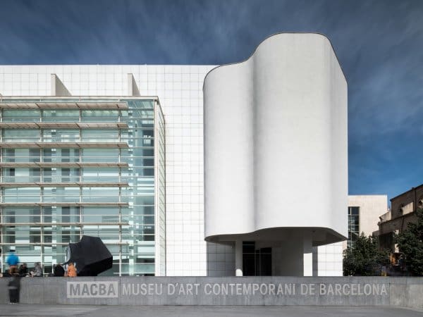 Facade of Museu d'Art Contemporani de Barcelona (MACBA) with modern glass and white architecture