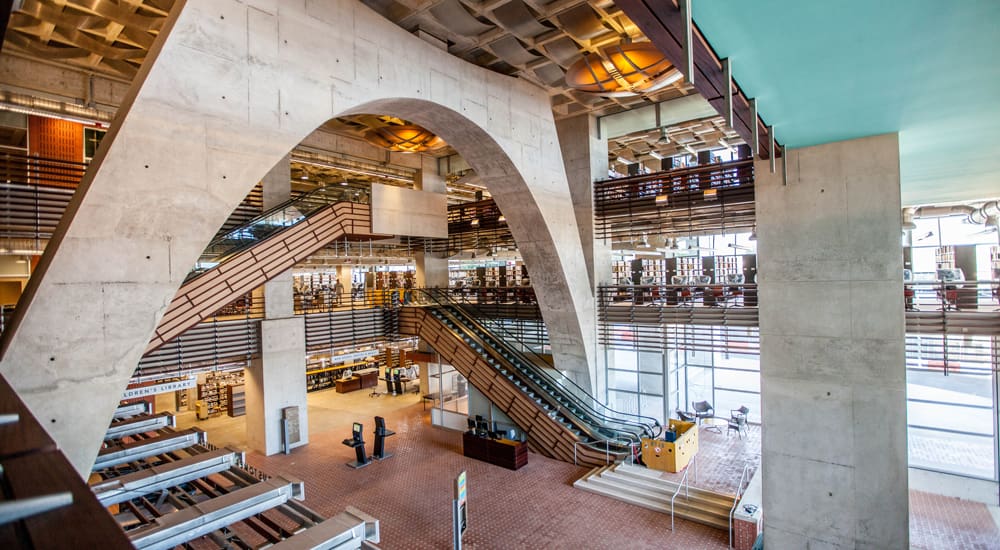 Spacious modern library with escalator, staircases, large windows, concrete arches, and children's section.