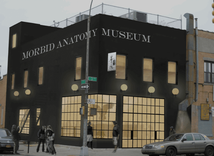 Two-story building labeled "Morbid Anatomy Museum" with large windows, pedestrians, and a car.