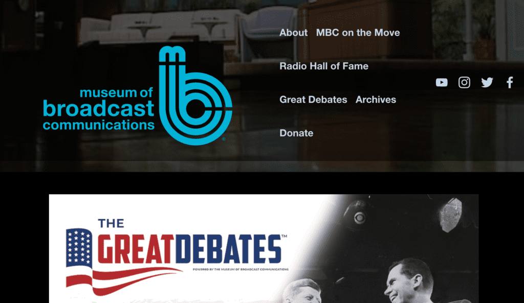 Museum of Broadcast Communications logo, site navigation, "The Great Debates" exhibit promo with historical photo.
