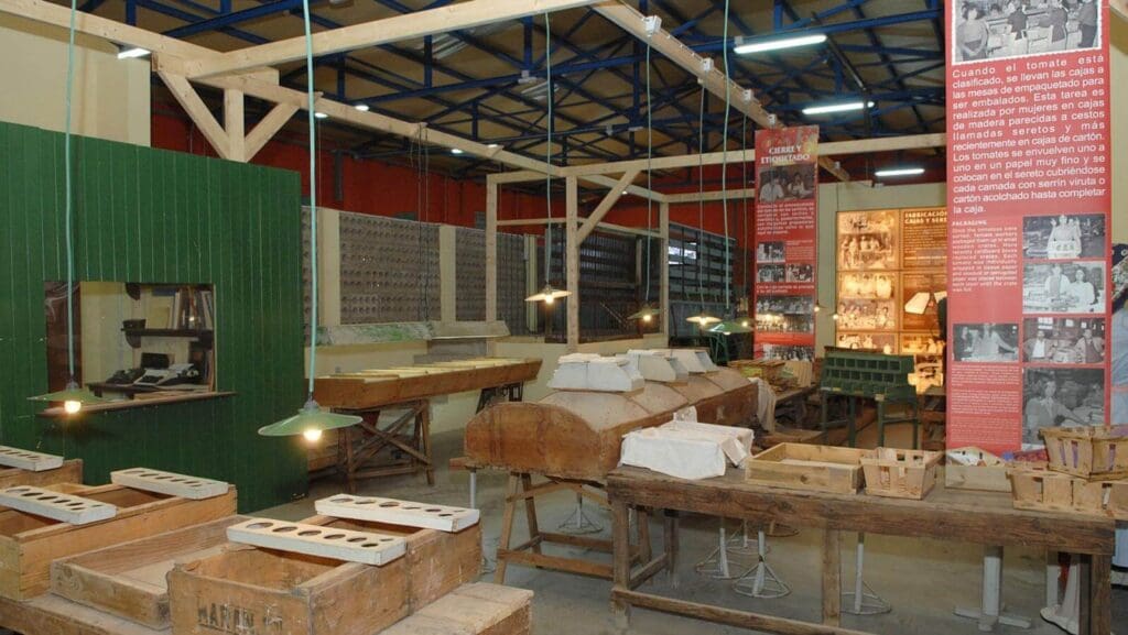 Museum exhibit of a historical tomato packaging station with wooden crates, tools, and informative panels.