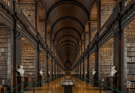 Expansive ornate library with high arched ceiling, tall bookshelves, classical busts, and display case.