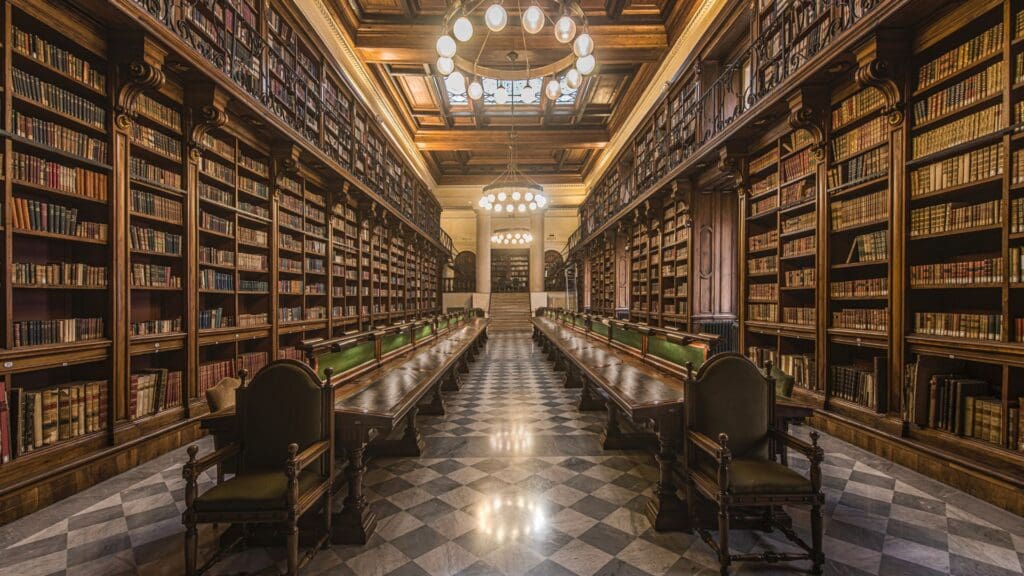 Ornate library with high wooden bookshelves, long tables, chandeliers, and checkered marble floor.