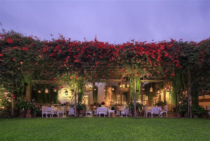 Outdoor dining area under a pergola with red flowers, greenery, tables, chairs, and hanging lanterns.