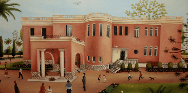 Large salmon-colored neoclassical building with columns, arches, greenery, and people outdoors.