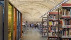 Library with vaulted ceilings, well-lit aisles, organized bookshelves, and people in the background
