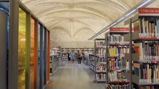 Library with vaulted ceilings, well-lit aisles, organized bookshelves, and people in the background