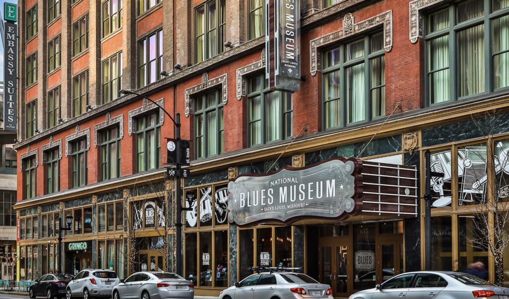 Facade of the National Blues Museum and adjacent Embassy Suites hotel in St. Louis, Missouri.