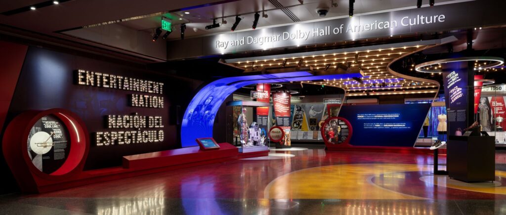 Exhibit area in the Ray and Dagmar Dolby Hall of American Culture with "Entertainment Nation" display.