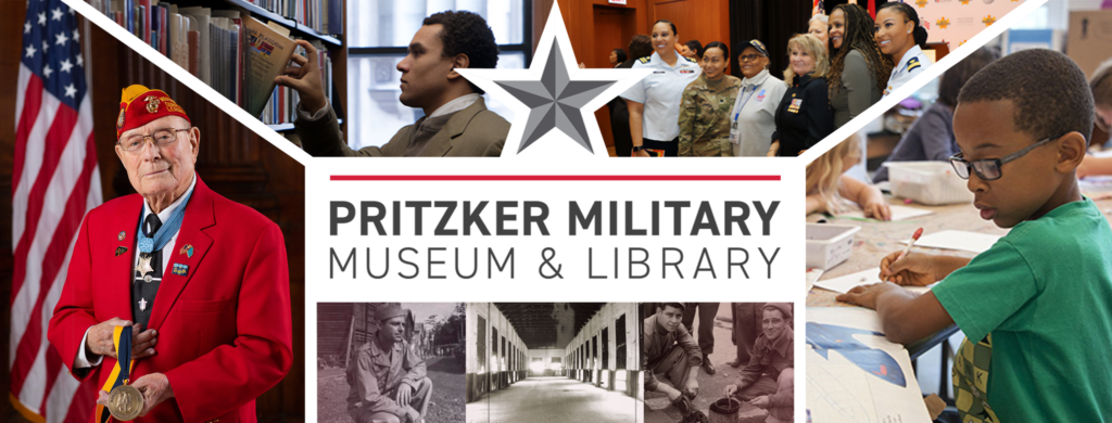 Veteran with medal, person selecting book, child drawing, military personnel and civilians at Pritzker Military Museum & Library.