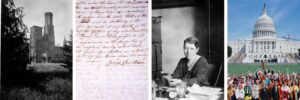 Old building with trees; handwritten text close-up; woman at desk; crowd before U.S. Capitol.