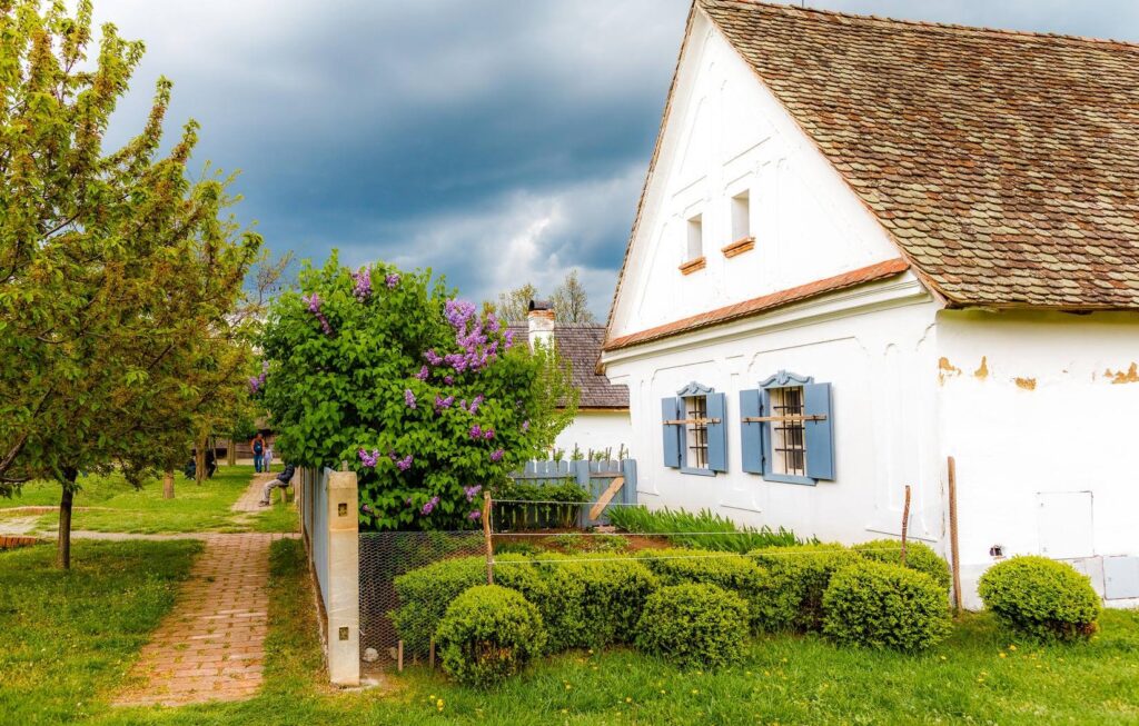 White, single-story house with blue shutters, brown shingle roof, lush greenery, and overcast sky