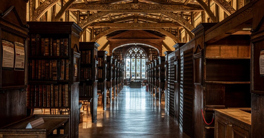 Historic library with wooden shelves, central aisle, stained glass window, ornate ceiling beams.